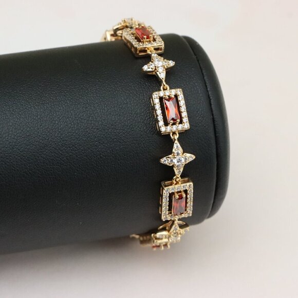 "Rose Gold Bracelet with Red Baguette Stones and Star CZ Links, XPBL0818 - Picture 8 of 12